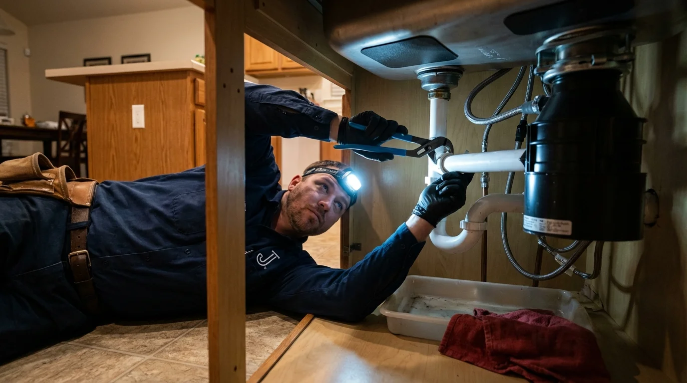 P-trap and supply line connections under a kitchen sink showing a common leak point in Springfield, OR